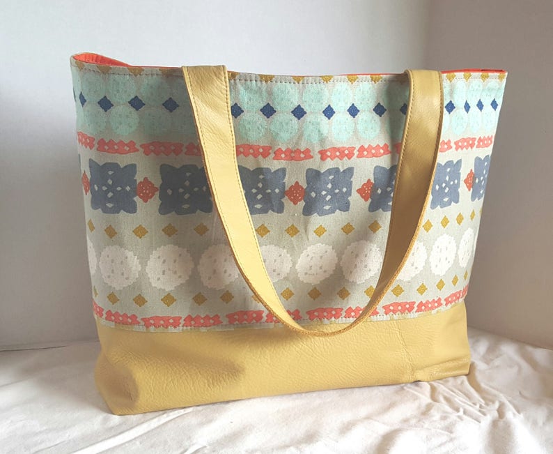 yellow orange tote with magnetic snap and six pockets READY to SHIP Large Tote bag Aztec tote LEATHER diaper bag computer bag