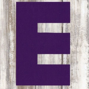 May include: A large, purple felt letter E. The letter is cut out and has a simple, blocky style.