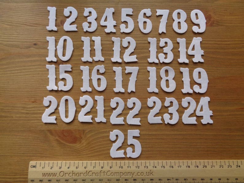 Christmas Advent Calendar Numbers, 3cm Iron on fabric, Vintage Font,Plain Colours. No sew image 1