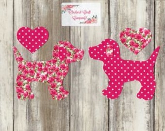 Iron on Applique Dogs x 2 with hearts, Dotty/floral