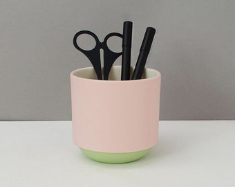 Handmade Cup or Plant Pot - green and pink porcelain ceramic indoor herb pot, tea cup coffee mug | desk organiser | home working