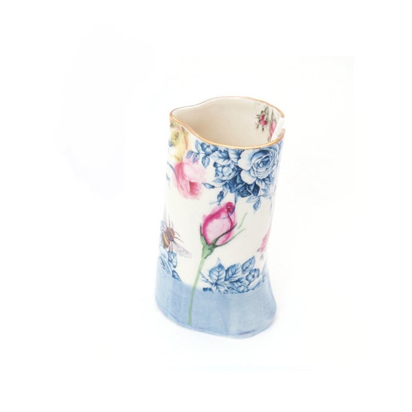 Handmade porcelain milk jug with floral decals and a gorgeous gold lustre, made in London, one-of-a-kind, English cottage décor