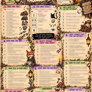 May include: A tabletop role-playing game sheet titled The Feywild Roadside Inn, featuring a parchment-style background with floral borders, illustrations of a fox, a black cat, mushrooms, lanterns, and numbered sections for gameplay prompts.