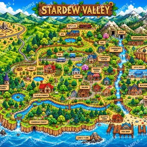Könnte beinhalten: Eine farbenfrohe, detaillierte illustrierte Karte von Stardew Valley mit grünen Hügeln, Bergen, einem Fluss und dem Ozean. Die Karte enthält beschriftete Orte wie die Farm, Minen, den Zauberturm und den Angelladen sowie ein Holzschild mit der Aufschrift Stardew Valley.
