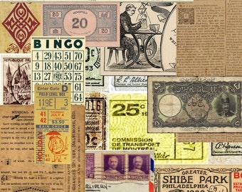 May include: A vintage collage of ephemera, including a Monopoly game board, a bingo card, a vintage ticket, a 25 cent stamp, a vintage newspaper clipping, and a vintage advertisement for a baseball game. The collage is a mix of colors and textures, with a vintage aesthetic.
