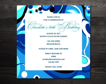 Azul turquesa Aqua Swirl Custom Design invitación de cumpleaños *archivo DIGITAL disponible