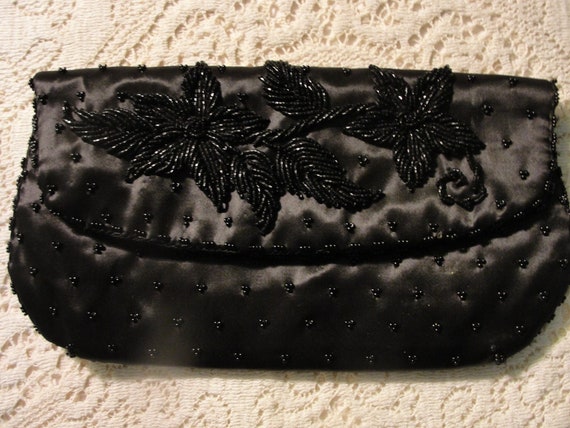 Vintage Black Beaded Satin Clutch - image 1