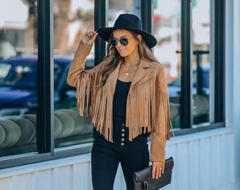 US&R Women Full Sleeve Tasseled Turndown Collar Mini Faux Suede Jacket US&R Women Full Sleeve Tasseled Turndown Collar Mini Faux Suede Jacket