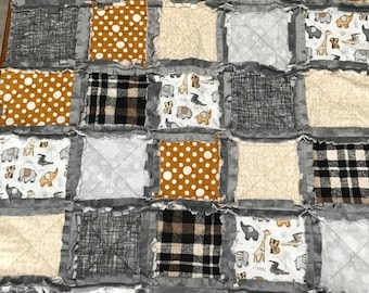 Wildlife Flannel Baby Quilt, Giraffe & Elephant Minky Blanket