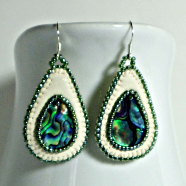 Abalone ~ Paua Shell ~ Tear Drop ~ Leather ~ Dangle Handmade Beaded Earrings