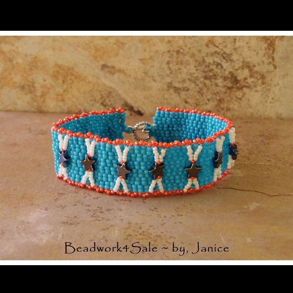 RESERVED  FOR KATIE Handmade Beaded Jewelry Native American Inspired Seed Bead and Hematine Star Bracelet