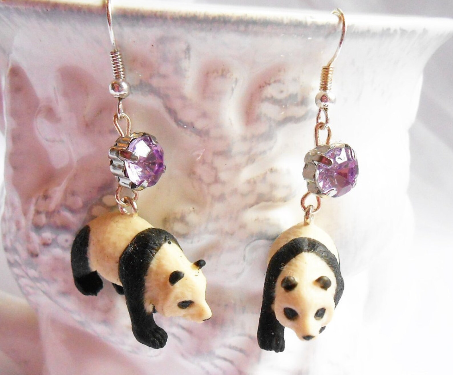 Panda Dangle Earrings With Purple Rhinestones Panda Jewelry Etsy