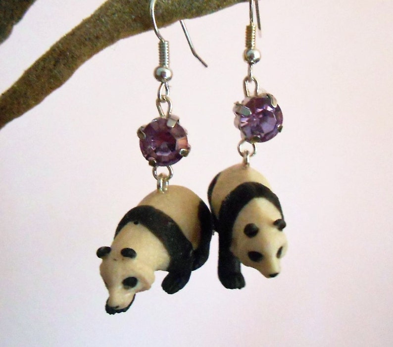 Panda Dangle Earrings With Purple Rhinestones Panda Jewelry Etsy