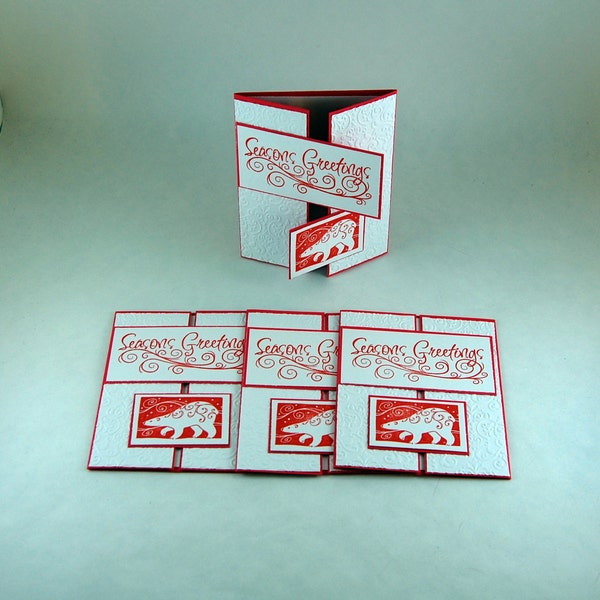 Christmas Cards - Set of 4 - tri fold white and red polar bear cards - Season's Greetings - 0407