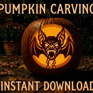 May include: A carved pumpkin with a bat design illuminated from within. The pumpkin is brown with the words "PUMPKIN CARVING" and "INSTANT DOWNLOAD" in a serif font.