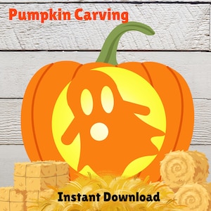 May include: Orange pumpkin illustration with a ghost cutout, green stem, and the text "Pumpkin Carving" and "Instant Download". The design includes hay bales and a light yellow background.