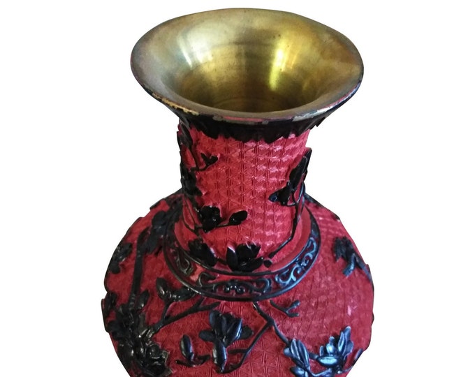 Vintage Chinese Cinnabar and  Brass Vase