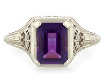 Vintage Antique Art Deco Filigree 14k White Gold 2.5 CT Amethyst Ring