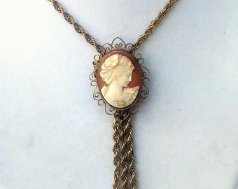 Antique Victorian Shell Cameo & Gold Filled Rope Chain Bolo Necklace