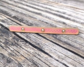 Antique Pink Enamel Guilloche Victorian Seed Pearl 14K Yellow Gold Bar Pin