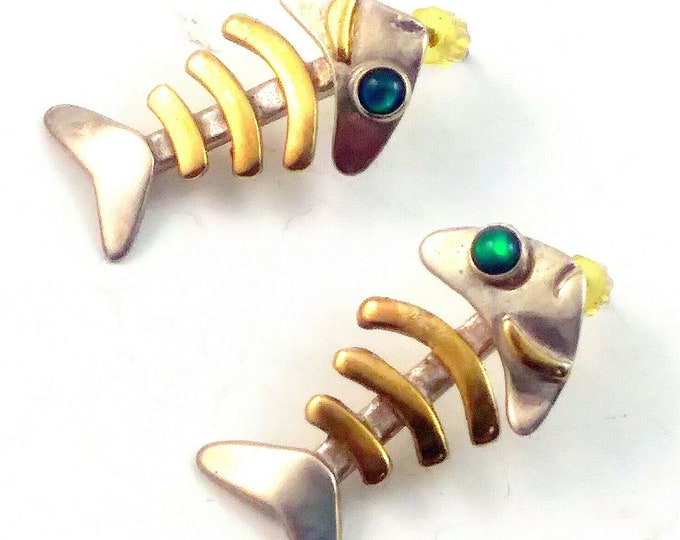 Vintage Sterling Silver & Gold Fish Bone earrings