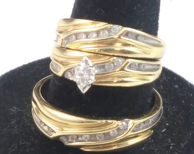 60% OFF 10K Yellow Gold Marquis Diamond Matching 3 Piece His & Hers Wedding Ring Set