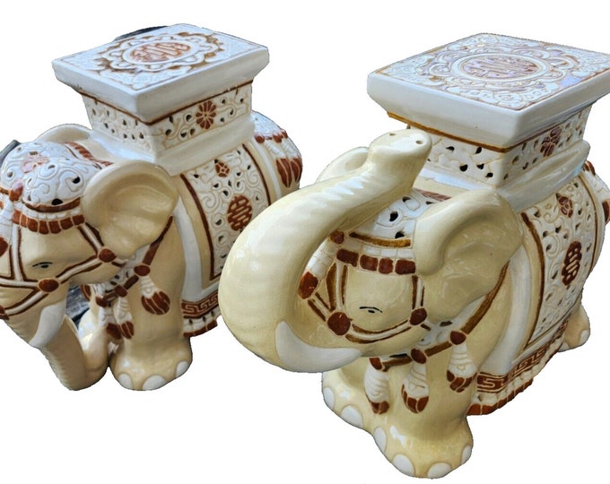 Pair of Vintage Mid Century Asian Ceramic Elephant Garden Stools Statues Tables