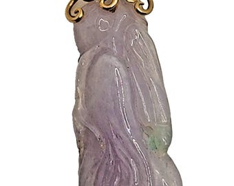 Antique Chinese Carved Purple Jade & 14k Yellow Gold Pendant
