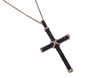 Black and White Diamond Cross Sterling Silver Pendant with Chain