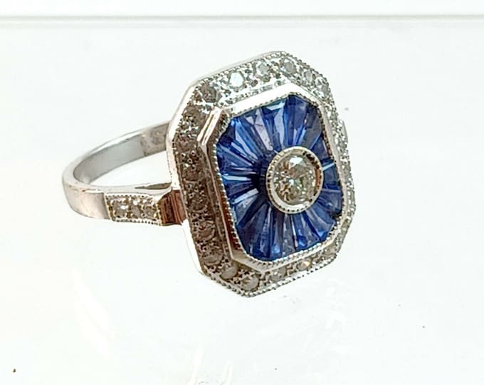 Art Deco Diamond Calibre Sapphire French 18K White Gold Ring