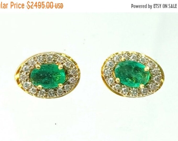 60% OFF Genuine Oval Columbian Emerald & Diamond 18K Yellow Gold Halo Stud Earrings