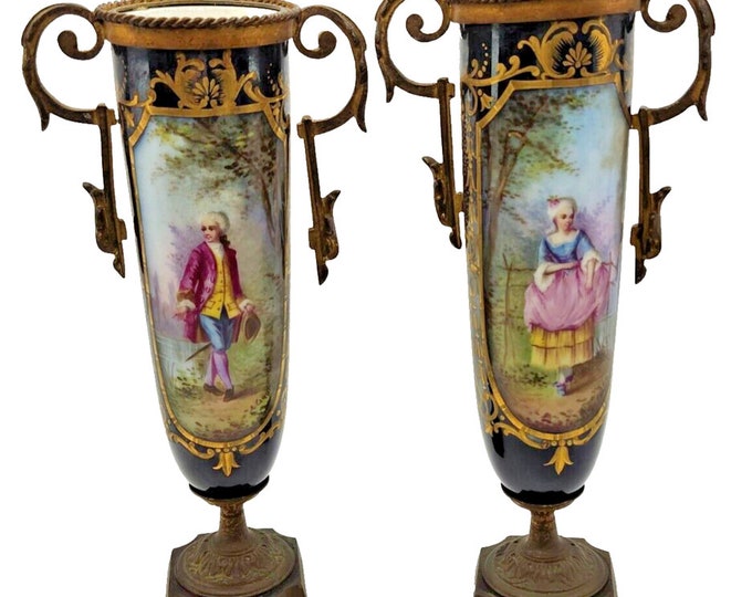 Pair of Antique French Sevres Porcelain Urns, Hand Painted, 1880's