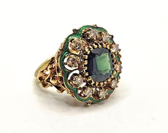 Green Zircon, Diamond Halo & Enamel Scroll Fleur-de-Lis 14k Gold Cocktail Ring