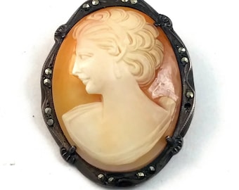 Antique Victorian Sterling Silver & Marcasite Carved Shell Cameo Pendant Pin