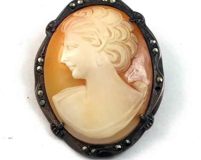 Antique Victorian Sterling Silver & Marcasite Carved Shell Cameo Pendant Pin