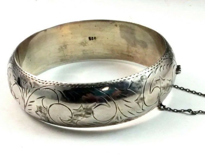 Antique Wide Chunky Sterling Silver Scroll Hinged Bangle Bracelet
