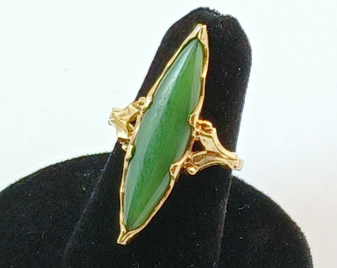 Antique Estate Art Deco Nouveau Marquise Cut Polished Imperial Jade Jadeite & 10k Gold Ring