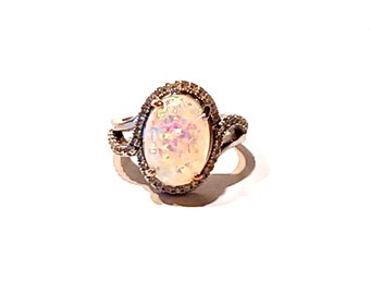 Gorgeous Crushed Opal & CZ Sterling Silver Halo Ring