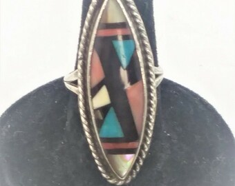 Vintage Native American Multi Inlaid Stone & Sterling Silver Ring Size 6