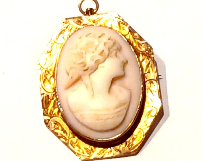 Gorgeous Antique Pin Coral Cameo & 10k Yellow Gold Scroll Pendant Pin