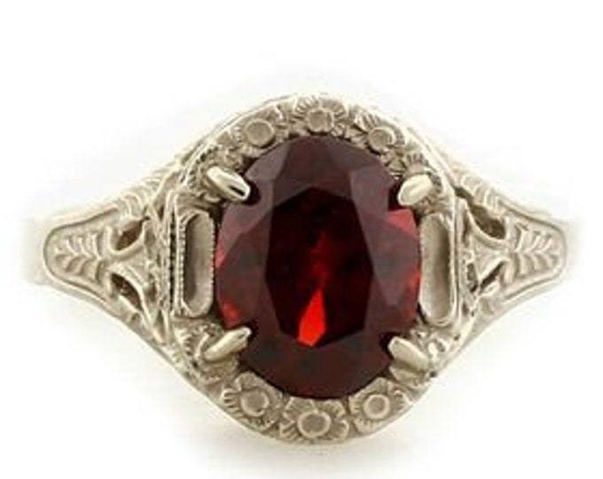 Vintage Antique Edwardian Art Deco 2.1 CT Garnet Filigree Ring In 14k White Gold