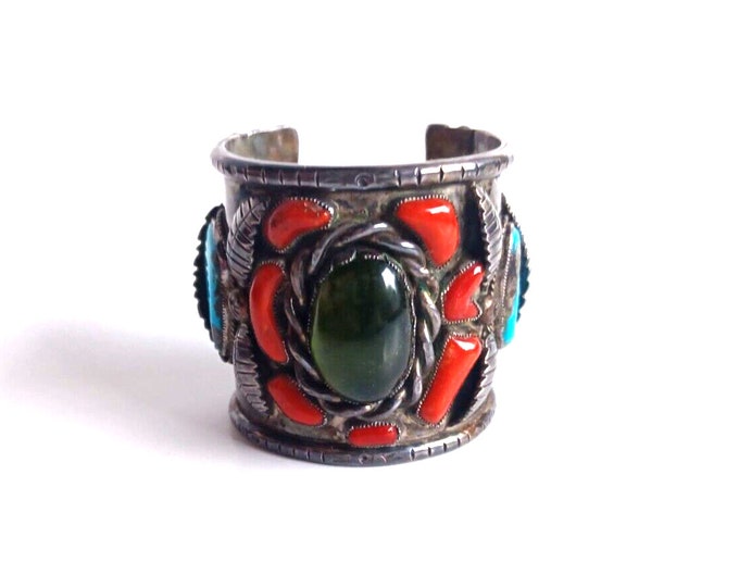 Massive Native American Navajo Green Amber Turquoise & Coral Sterling Cuff Bracelet by Wilford Chee