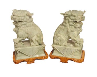 Large Pair of Vintage Carved Jade Chinese Foo Dogs with Wood Base