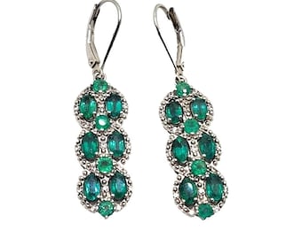 Natural Emerald & Diamond Dangle Earrings in Sterling Silver