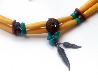 Vintage Native American Turquoise Bone & Sterling Silver Choker Necklace