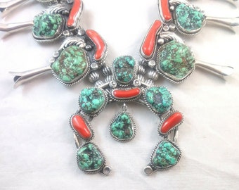 Native American Signed Squash Blossom Turquoise Coral & Sterling Silver Necklace