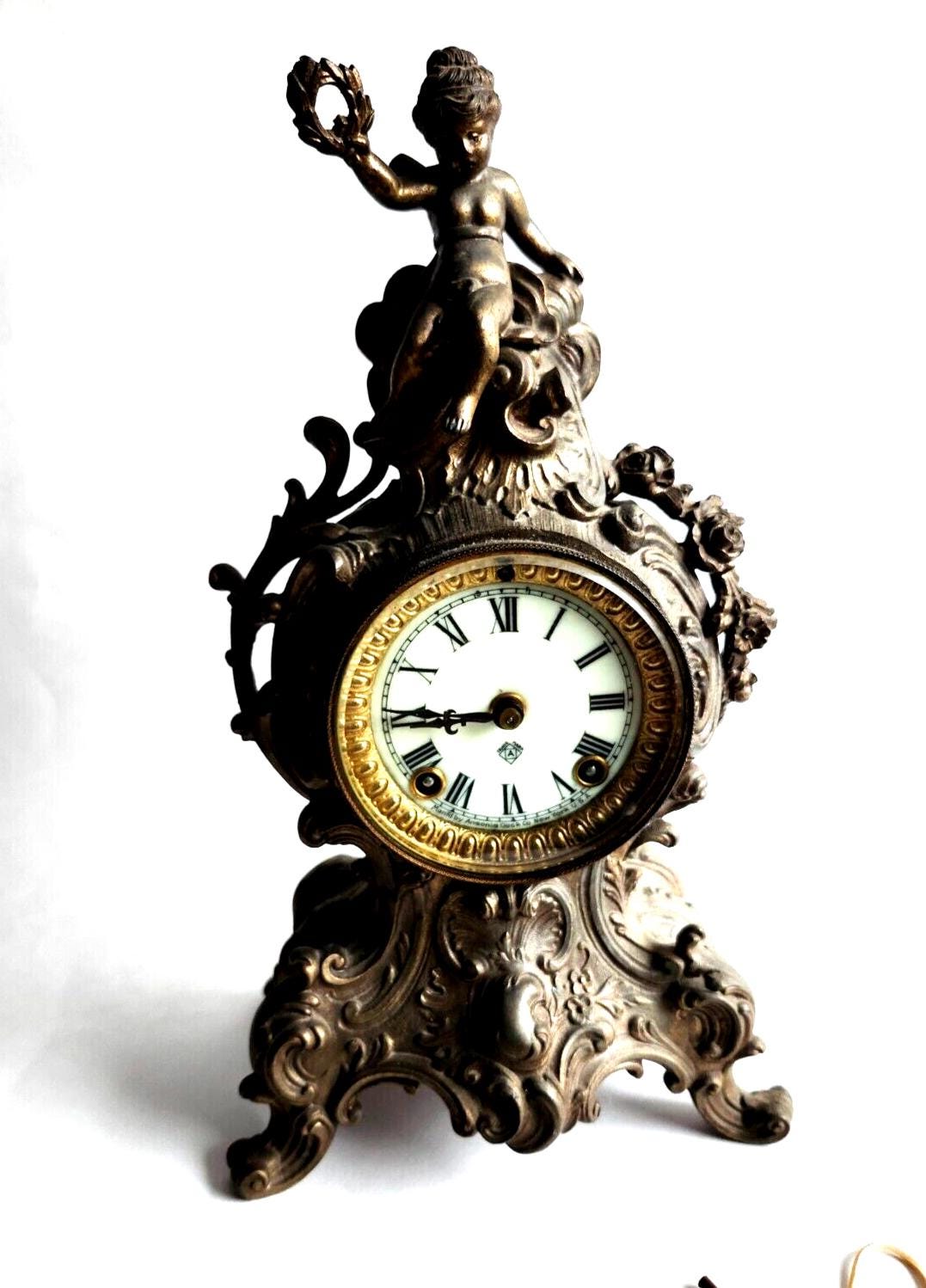 Antique Ansonia Bronze Gold Gilt Cherub Mantle Clock ~ Key Wind