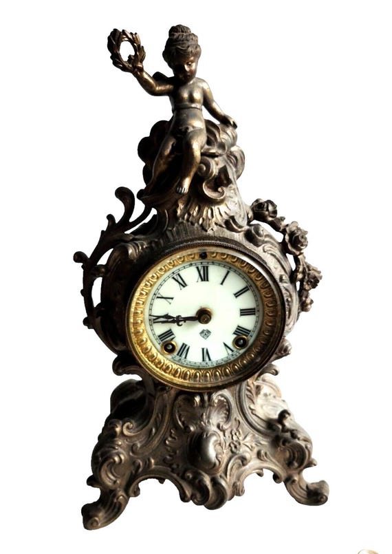 Antique Ansonia Bronze Gold Gilt Cherub Mantle Clock ~ Key