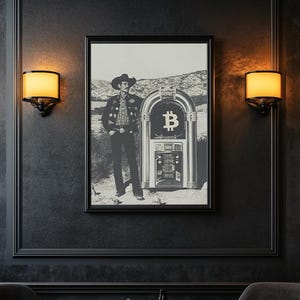 Peut inclure: Une impression encadrée en noir et blanc d'un cow-boy à côté d'un juke-box avec un symbole Bitcoin. L'œuvre est accrochée à un mur sombre, éclairée par des appliques murales. Deux fauteuils sombres et une petite table sont au premier plan.