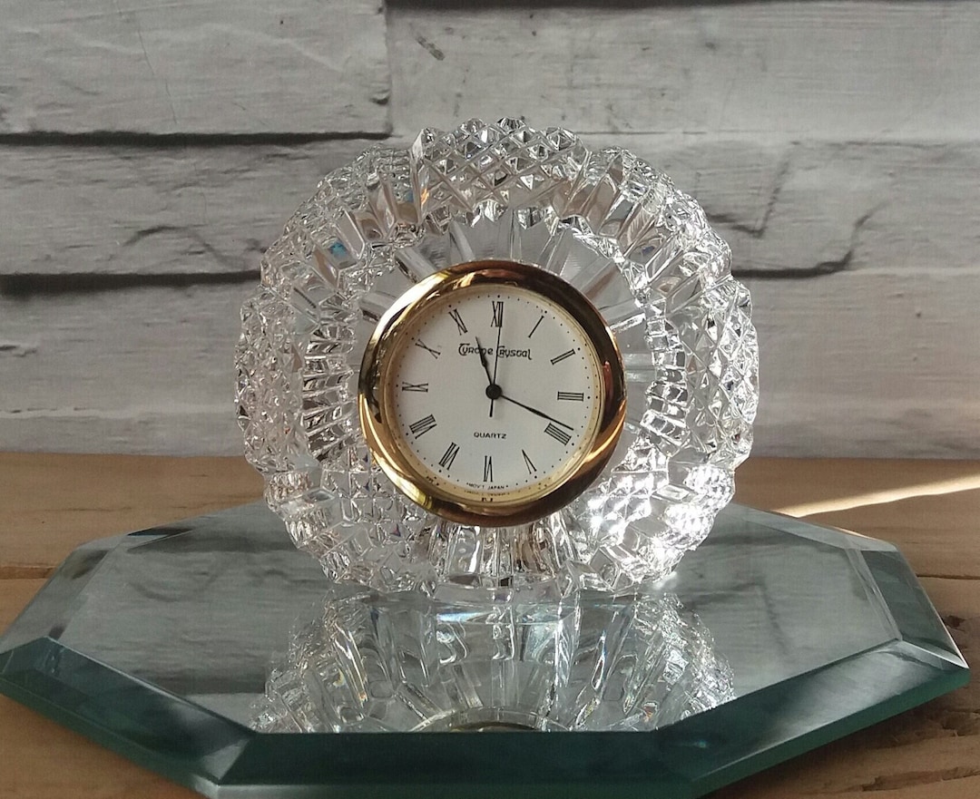 Vintage Tyrone Crystal Miniature Clock, H 2.5 X W 3, Lead Crystal Clock
